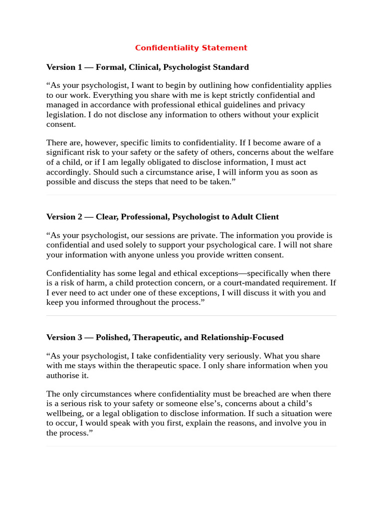 Confidentiality Statement | PDF | Confidentiality | Informed Consent