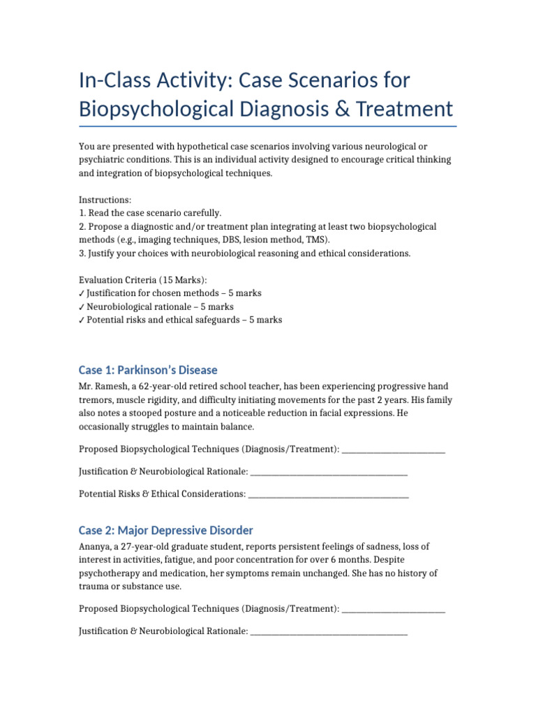 In Class Case Scenarios Without Answers | PDF | Medical Diagnosis ...