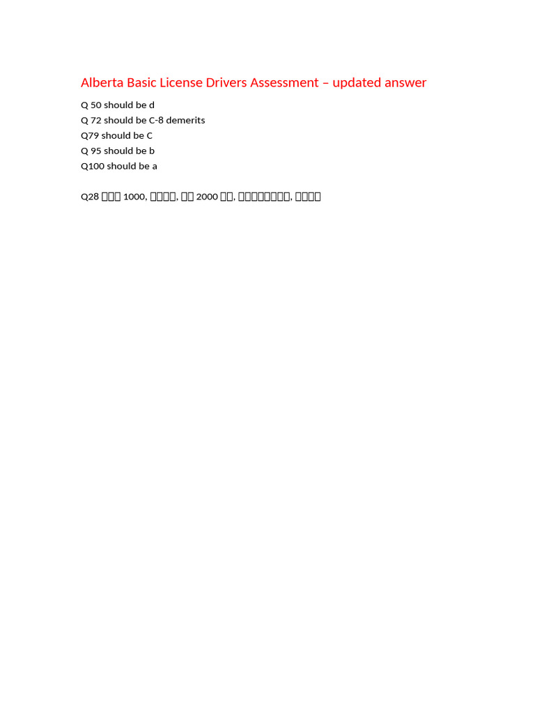 Alberta Basic License Drivers Assessment-Updated Answers | PDF