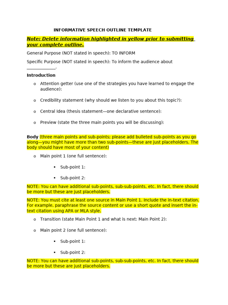 Informative Speech Outline Template | PDF