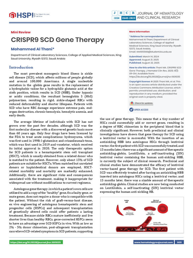Crispr9 SCD Gene Therapy | PDF | Hematopoietic Stem Cell ...