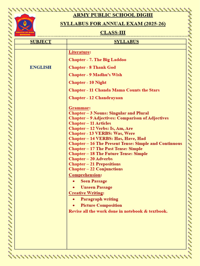 Class III Syllabus For Annual Exam 2025-26 | PDF | Verb | Grammatical Tense