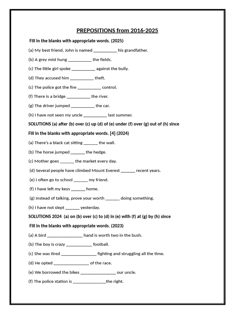 Prepositions With Solutions From 2016-2025 | PDF