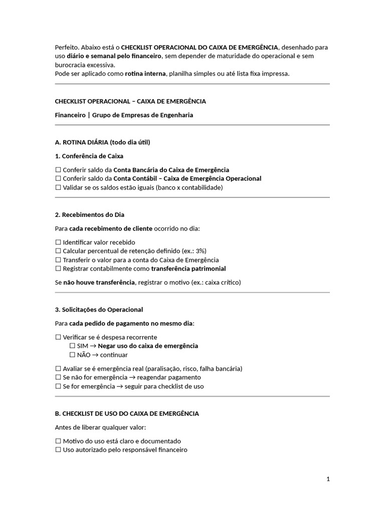 Checklist Operacional Do Caixa de Emergência | PDF | Contabilidade ...