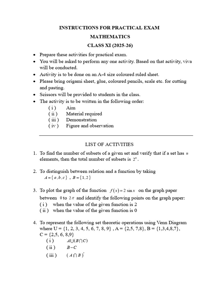 Xi Maths Practical Exam 2025 26 | PDF