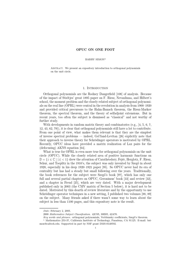 Opuc On One Foot: Abstract | PDF | Matrix (Mathematics) | Function ...
