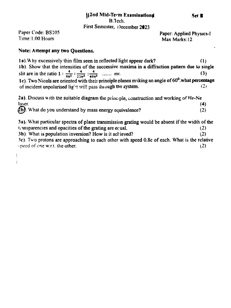 Btech 1 Sem Applied Physics 1 Bs105 Dec 2023 | PDF