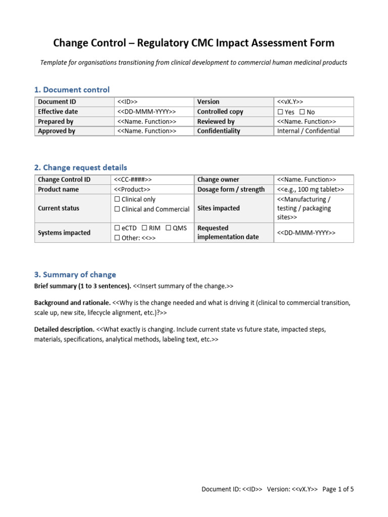 Regulatory CMC Impact Assessment Form 1769955958 | PDF