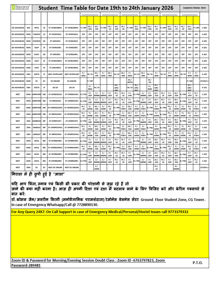 Student Time Table TT - Forw19th To 24th Jan. 2026 | PDF | Standardized ...
