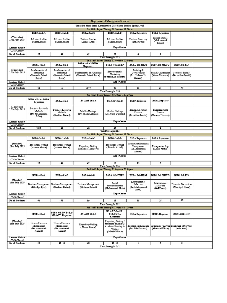 11th Juy Spring-2025 Final Term Tentative Date Sheet | PDF | Business