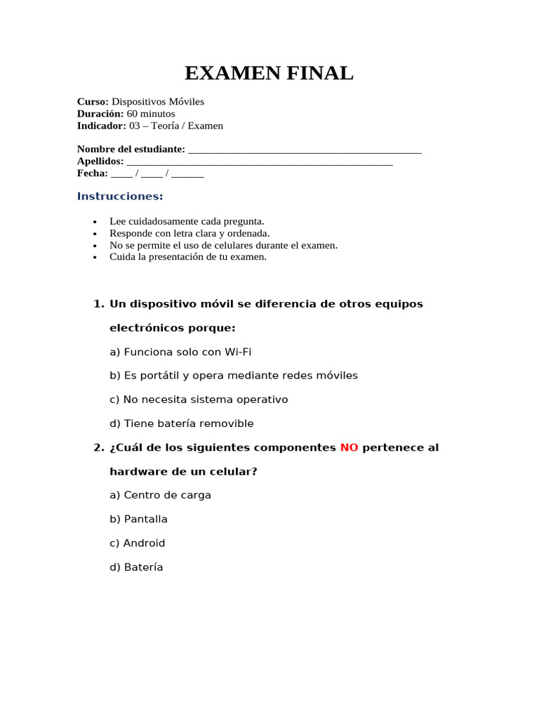 Examen Final | PDF | Telefonía móvil | Hardware de la computadora