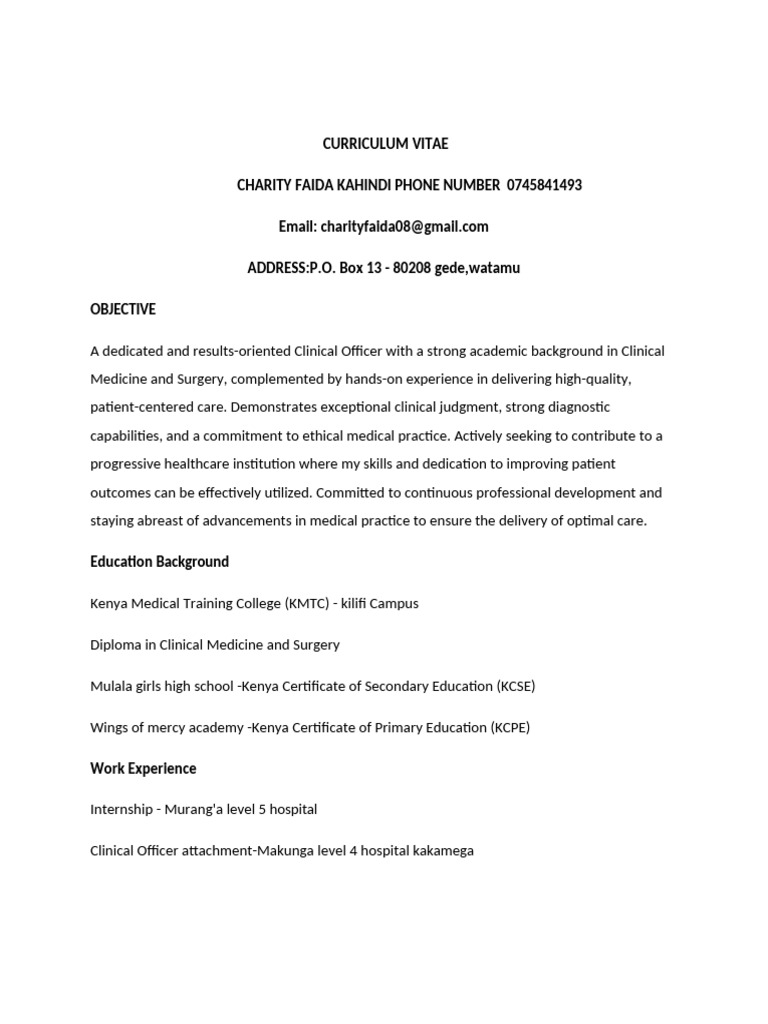 Charity faida cv | PDF | Medicine | Patient