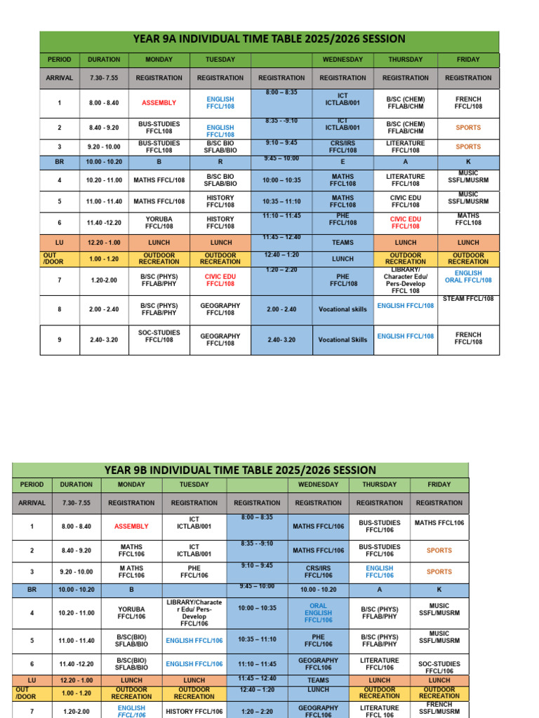 Year 9a & 9b Edited Individual Class Time Table | PDF