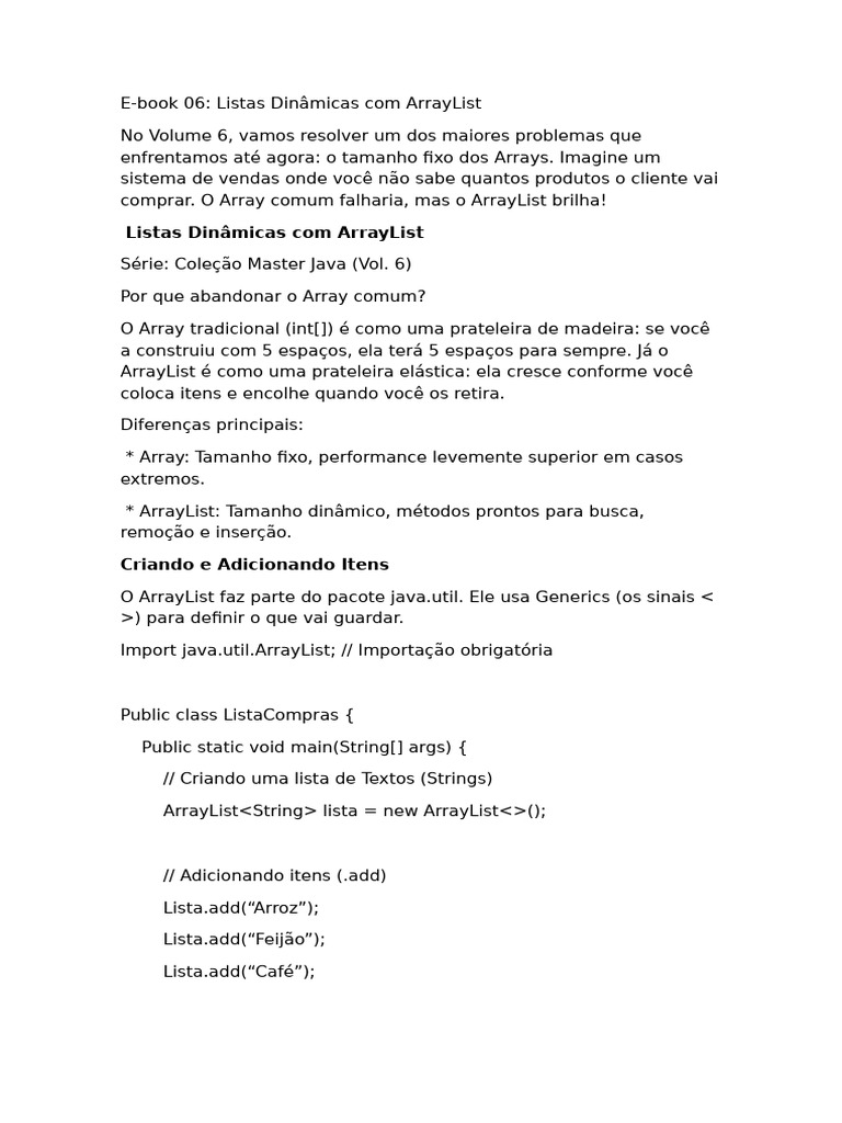 Listas Dinâmicas Com ArrayList | PDF | Java (linguagem de programação ...