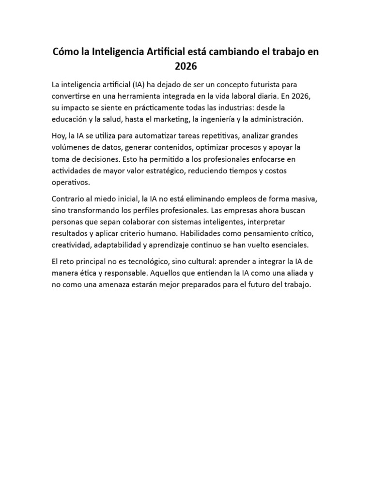 Cómo La Inteligencia Artificial Está Cambiando El Trabajo en 2026 | PDF