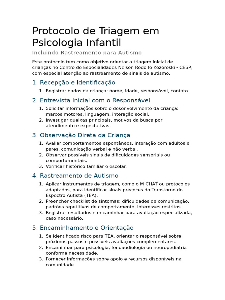 Documento para Protocolo de Triagem e Anamnese | PDF | Autismo ...