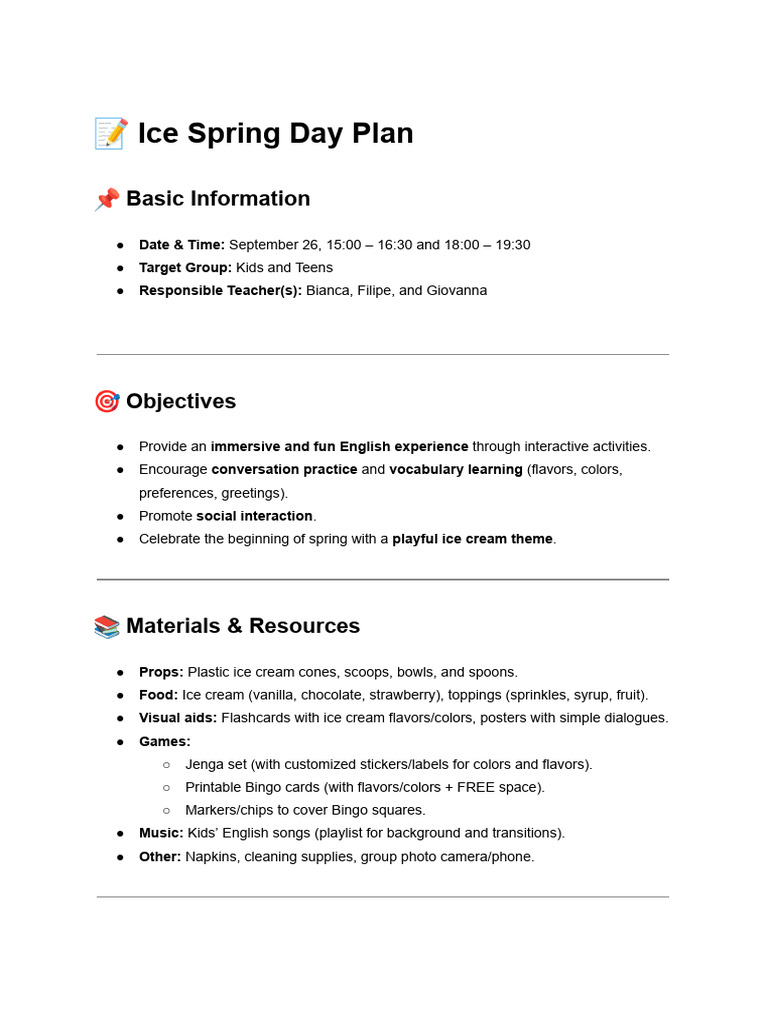 Ice Spring Day Plan (Kids - Teens) | PDF | Ice Cream