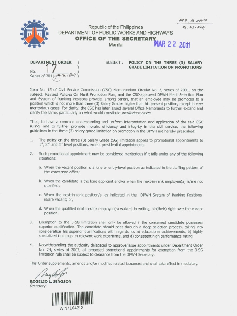 DPWH Salary Grade Promotion Policy | PDF