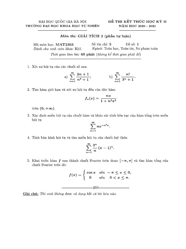 De Thi Giai Tich 2 (Mat2303) - De So 1 | PDF
