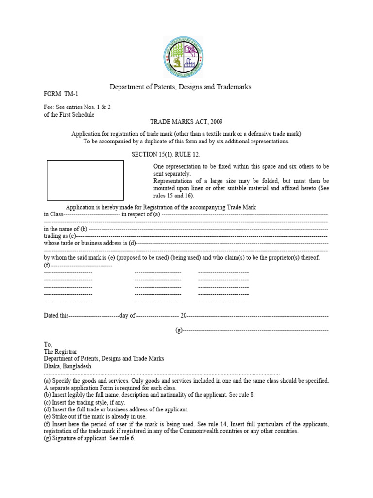 Editable - FORM TM-1 - Application For Registration of Trade Mark | PDF ...