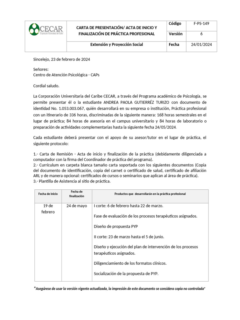 Carta de Presentación/ Acta de Inicio Y Finalización de Práctica ...