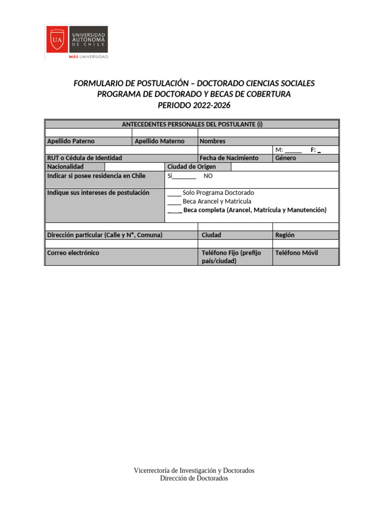 Formulario de Postulacion Doctorado en Ciencias Sociales | PDF ...