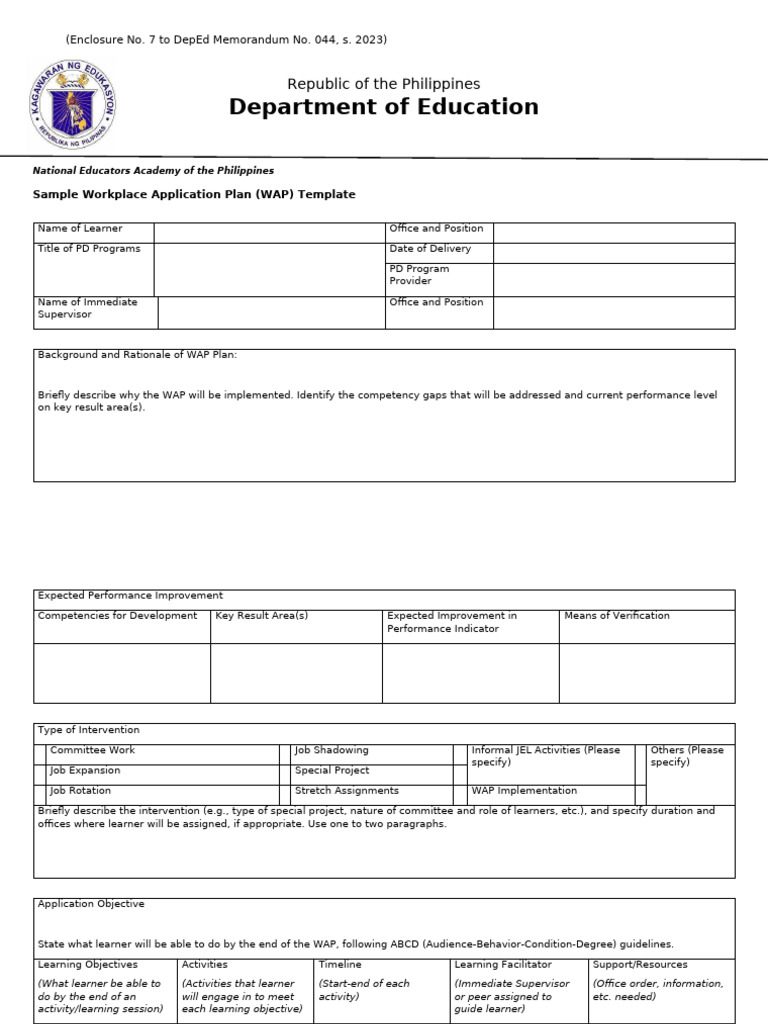 Enclosure No. 7 Sample Workplace Application Plan WAP Template | PDF ...