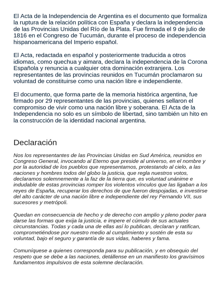 El Acta de La Independencia de Argentina | PDF | España