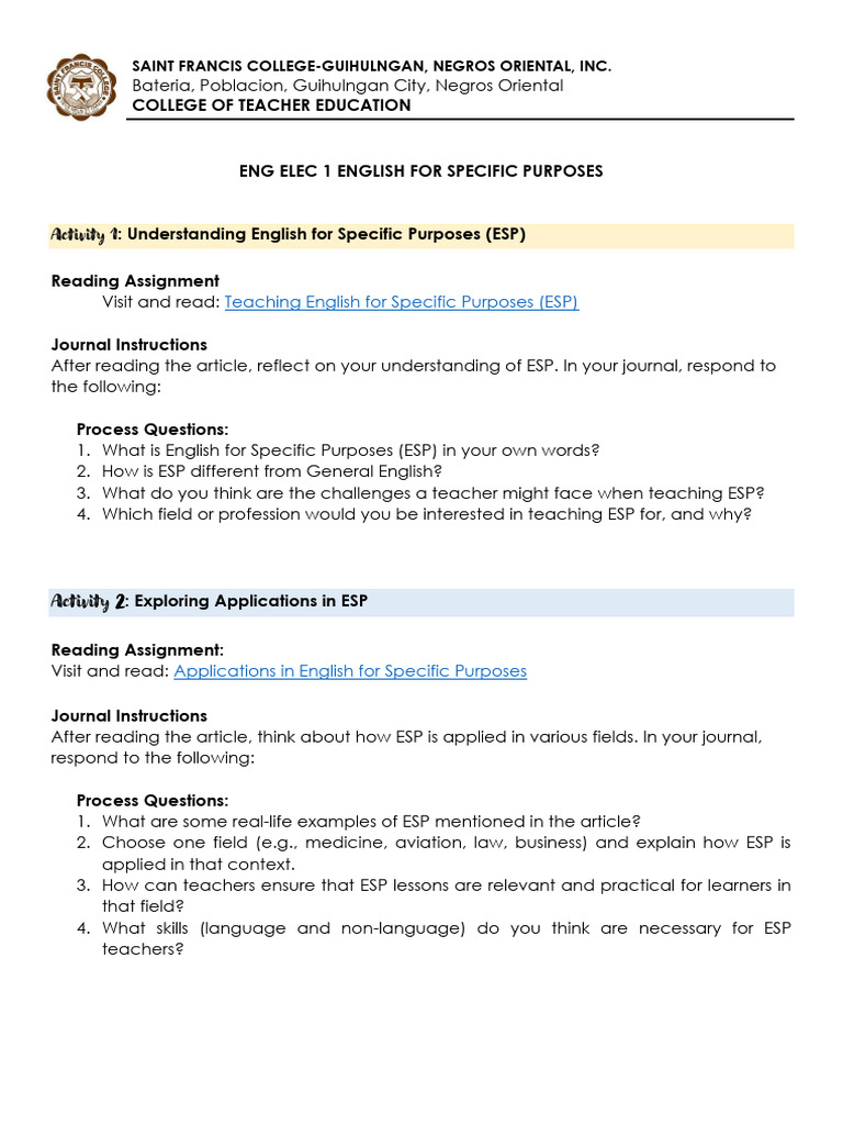 English For Specific Purposes | PDF | Learning | Teachers