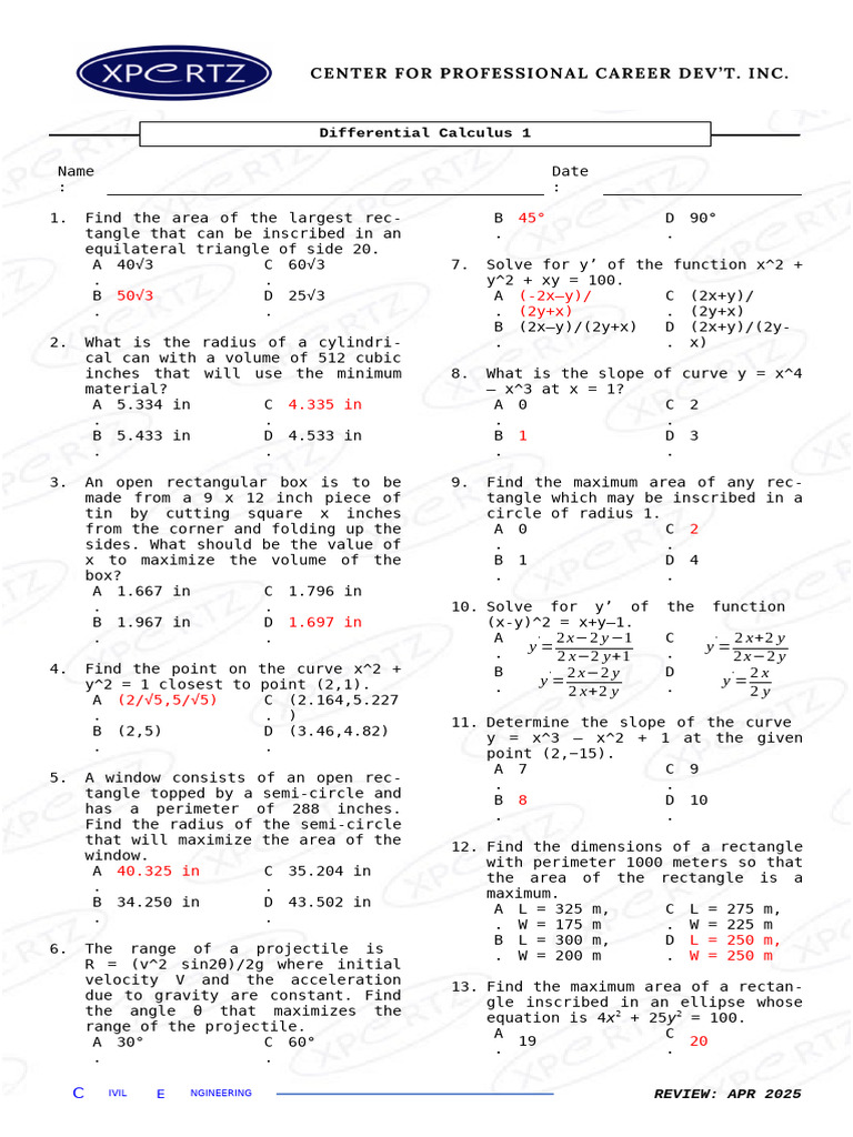 APR2025 Review Diff Calc 1 Practice Problems Answer Key | PDF | Area ...
