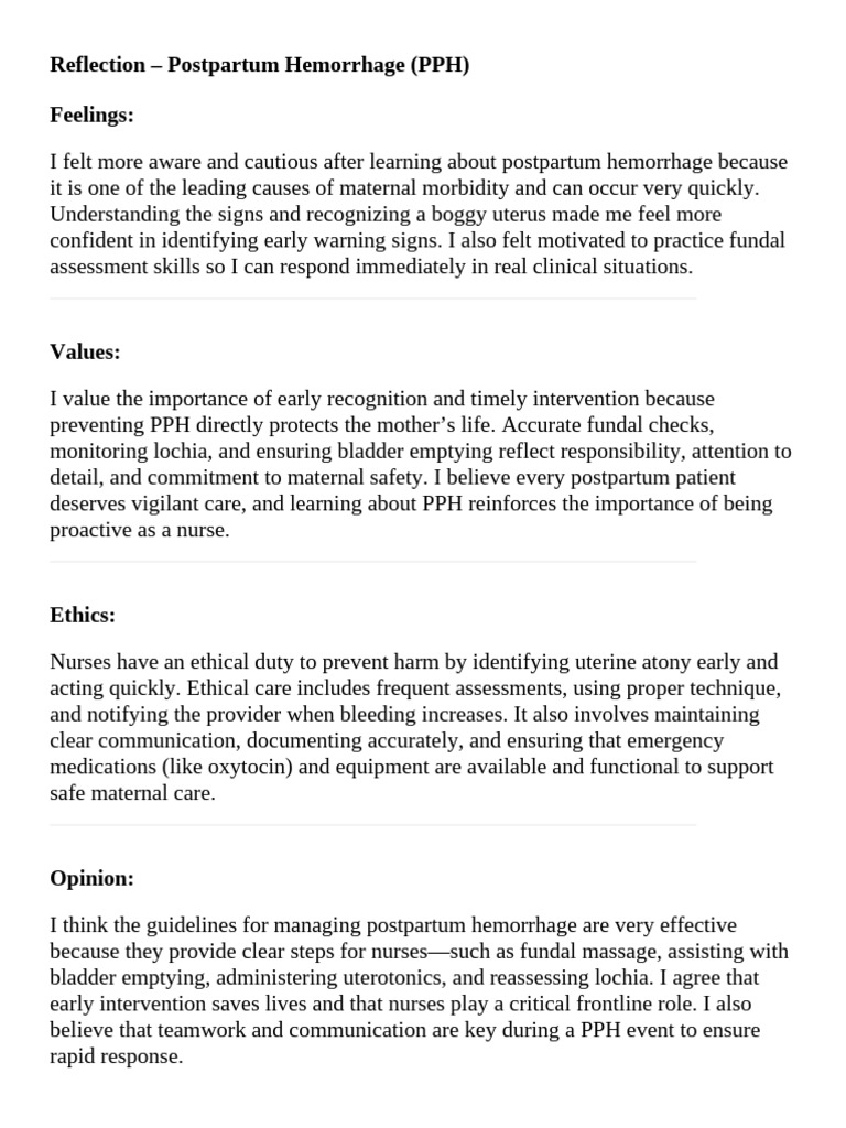 Postpartum Hemorrhage (PPH) Reflection | PDF | Uterus | Medical Specialties