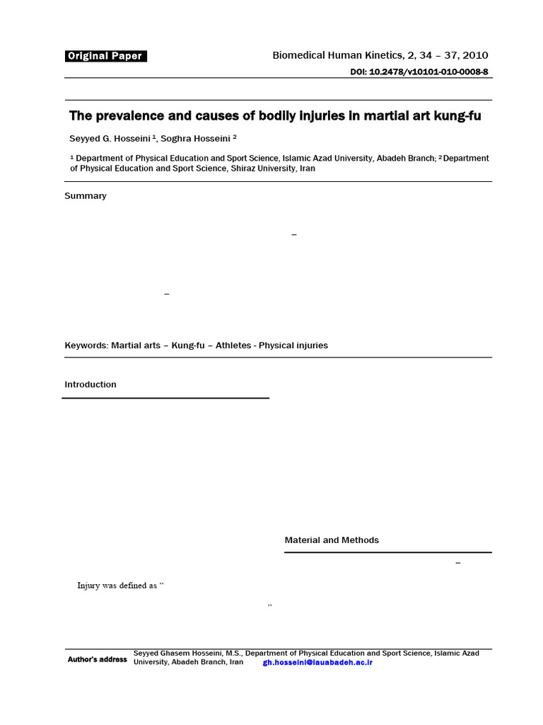 The Prevalence and Causes of Bodily Injuries in Martial Art Kung-fu | PDF