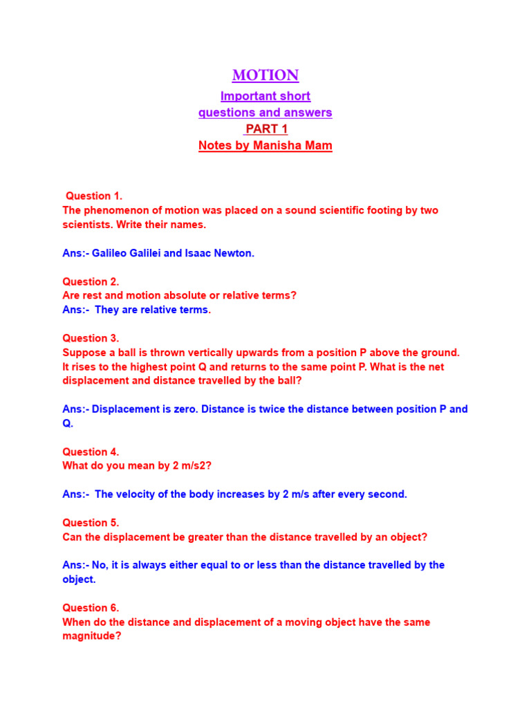 Motion Class 9 Important Questions and Answers | PDF | Acceleration ...