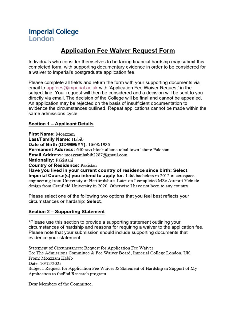 Application Fee Waiver Request Form | PDF | Caregiver