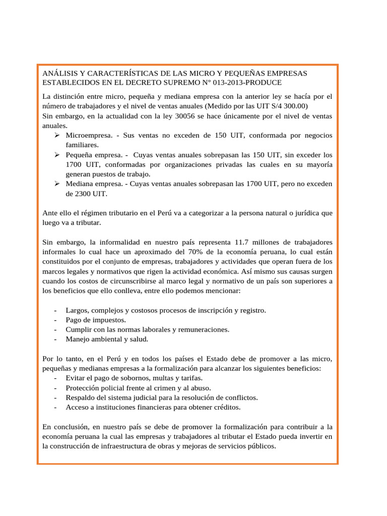 De Las Micro y Pequeñas Empresas Establecidos en El Decreto Supremo ...
