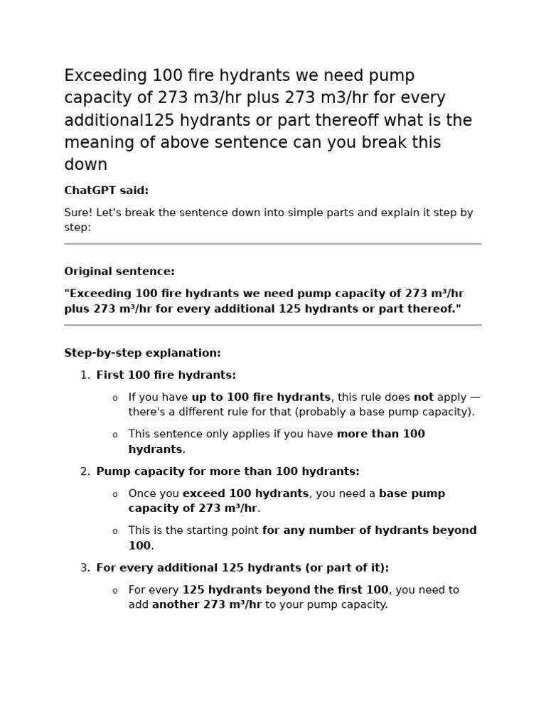 Exceeding 100 Fire Hydrants We Need Pump Capacity of 273 m3 | PDF