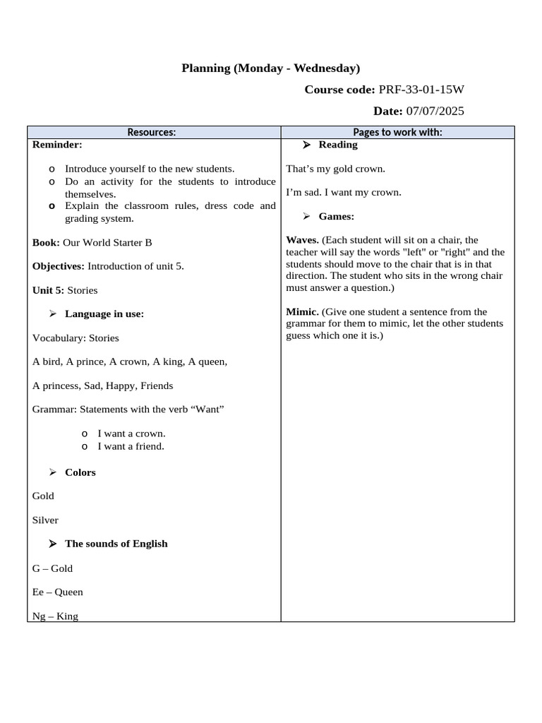 Our World Starter B, Introduction, (Unit 5). | PDF