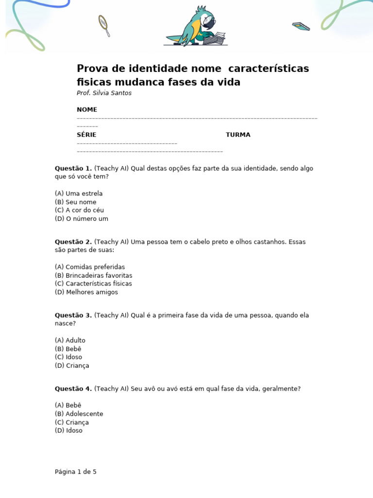 Prova de Identidade Nome Caractersticas Fisicas Mu | PDF | Adolescência ...