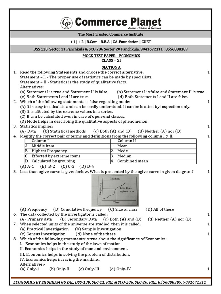 Mock Test Paper - Economics +1 | PDF | Production Function | Demand