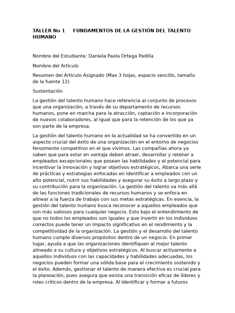 Taller No 1 Fundamentos de La Gestion Del Talento Humano | PDF ...