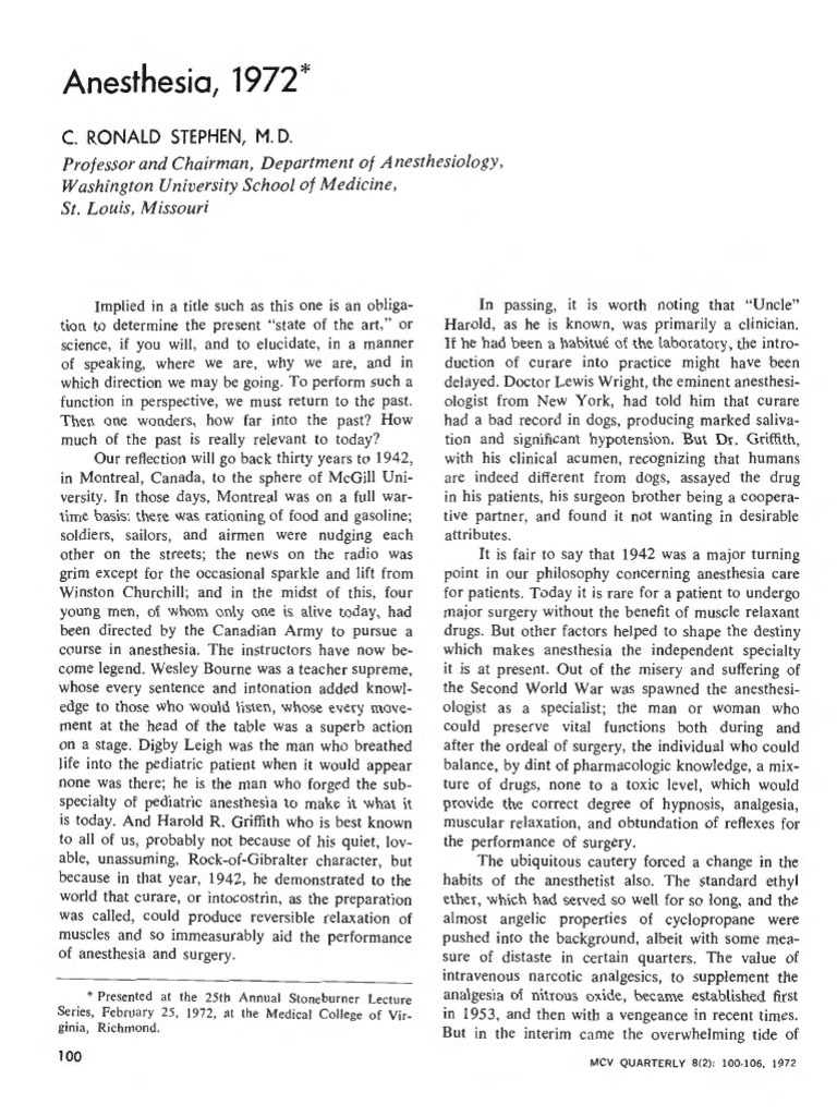 Anesthesia, 1972 : Ronald Stephen, M. D | PDF | Anesthesia | Medical ...