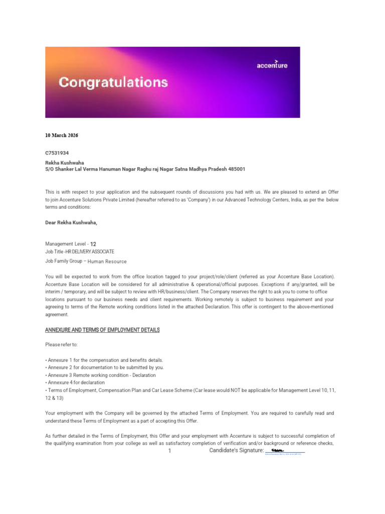 128 Accenture Offer Letter | PDF | Insurance | Payroll