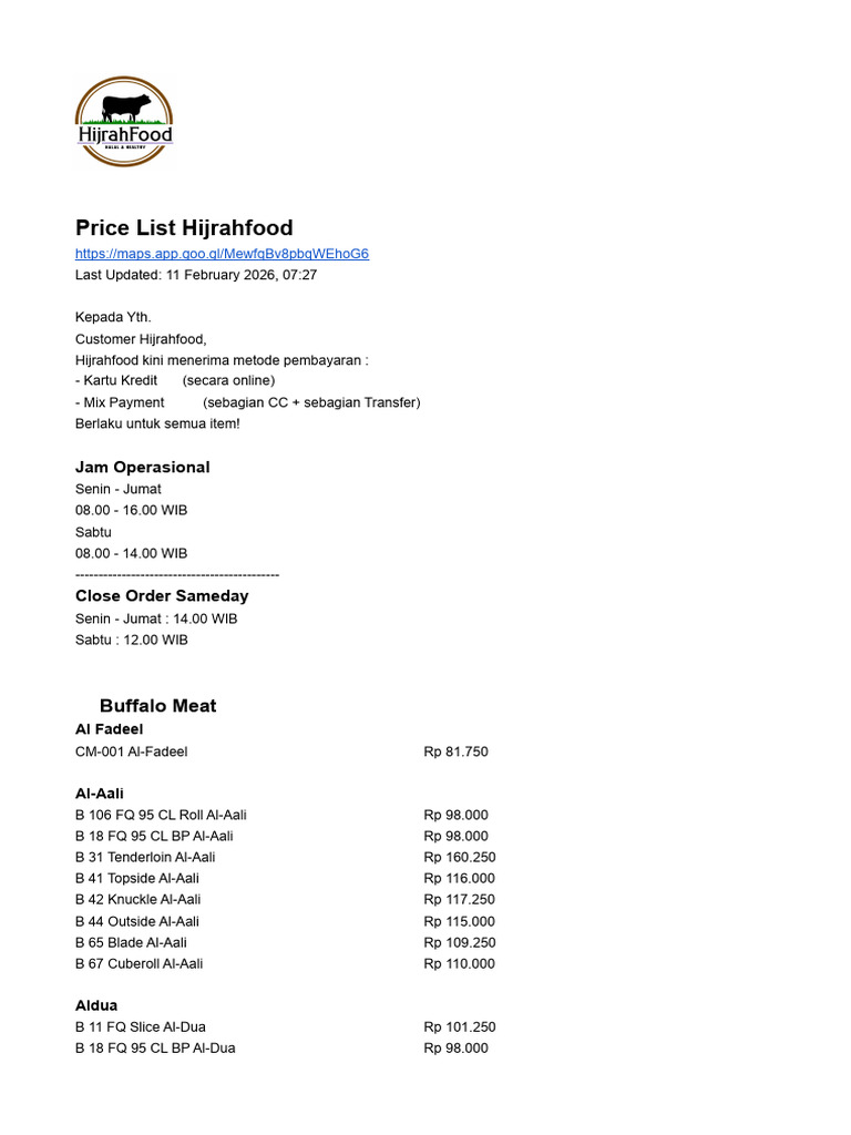 Rabu 11 Februari 2026 Hijrahfood Price List | PDF | Beef | Meat