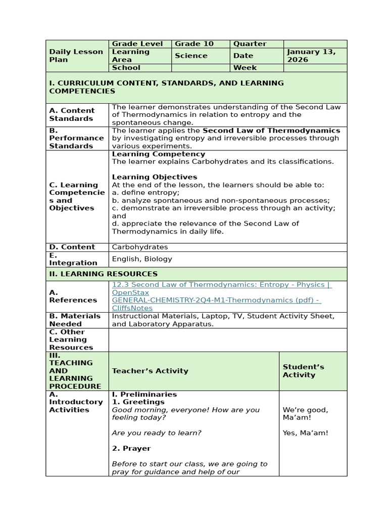 Final Lesson Plan in 2ND Law of Thermodynamics | PDF | Heat | Temperature