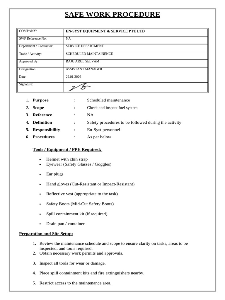Safe Work Procedure - Fuel System | PDF | Equipment