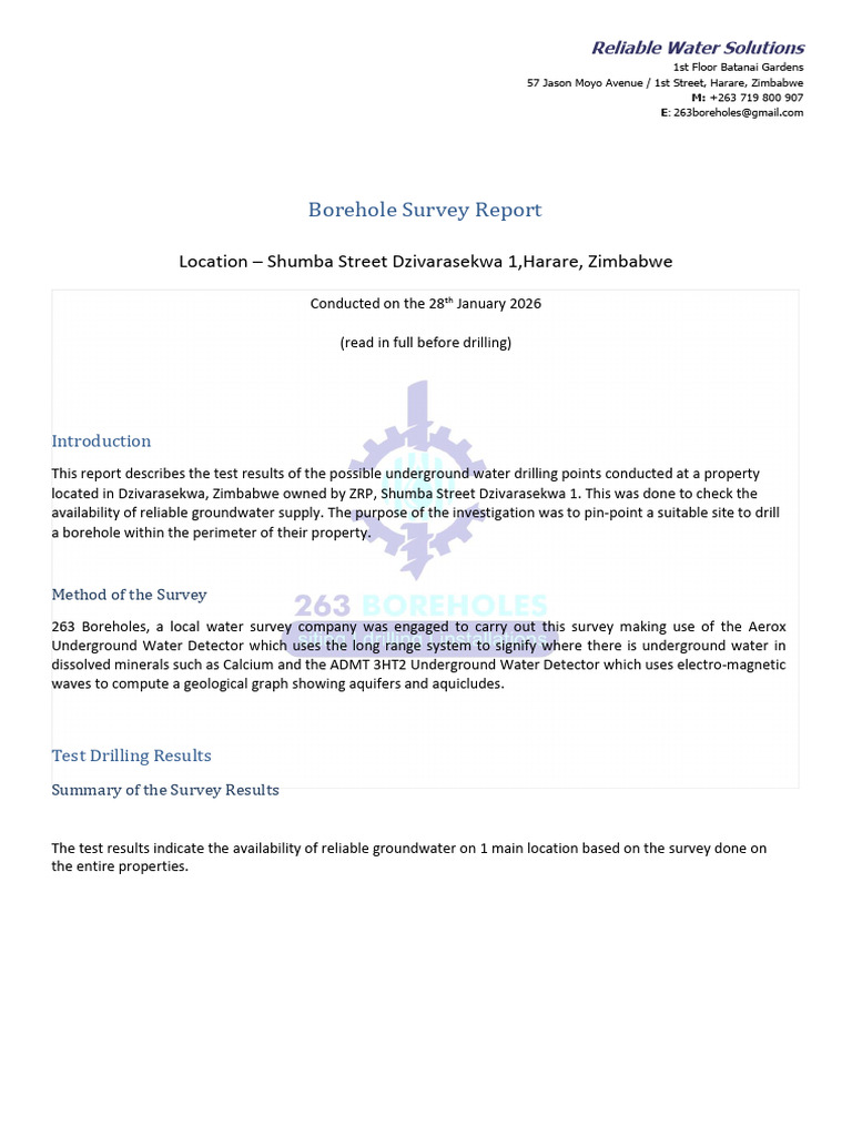 Shumba Street Dzivarasekwa 1 Survey Report | PDF | Groundwater | Aquifer