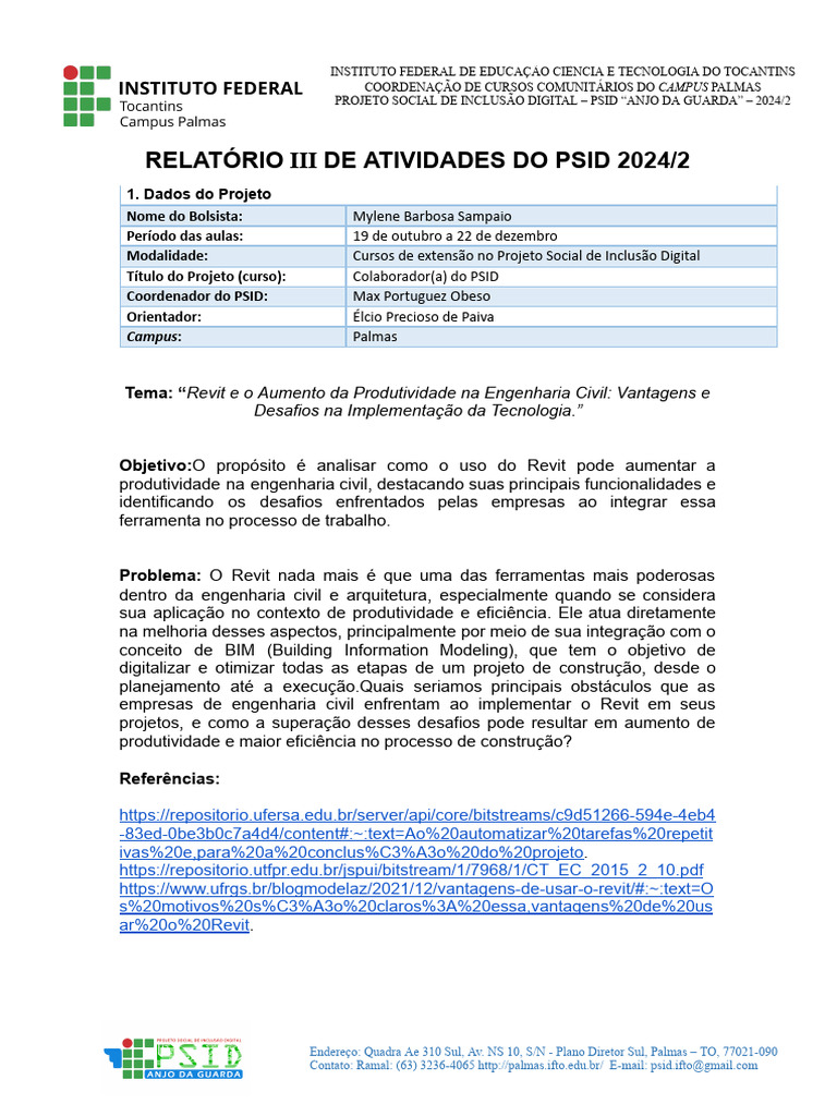 Modelo Relatório PSID 2024 2 | PDF | Engenharia | Autodesk Revit