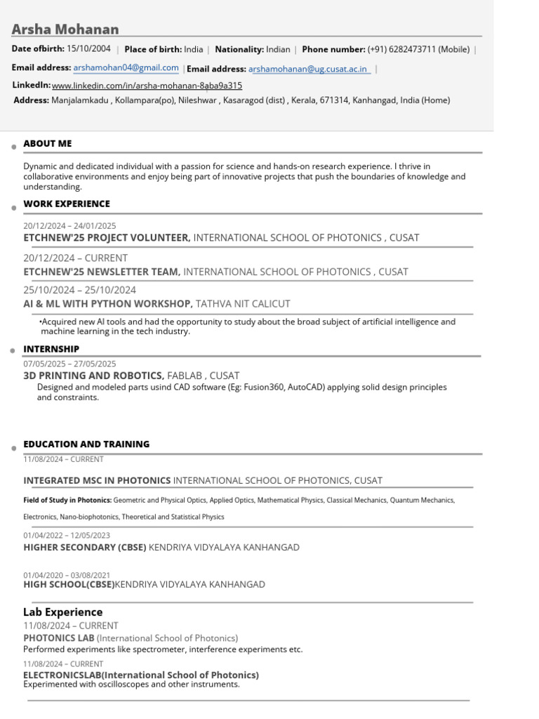 Arsha Mohanan Resume | PDF | Photonics | Artificial Intelligence