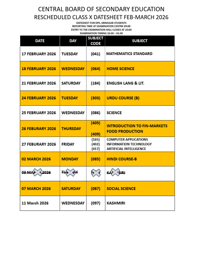 Rescheduled Cbse Class X Datesheet 2026 | PDF
