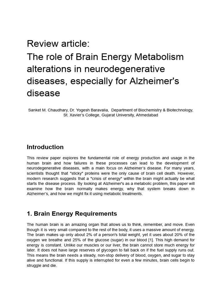 The Role of Brain Energy Metabolism Alterations in Neurodegenerative ...